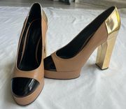 gold chunky high heel platform pumps size 40 nude black gold