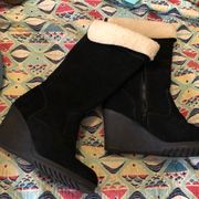 Black Suede Knee-High Wedge Boots