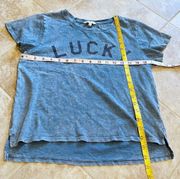 Lucky Brand hi low crop t shirt top graphic print blue small pullover distressed