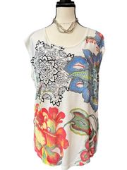 Desigual Floral Printed Boho Short Sleeve Tunic Top, Large