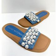 Stuart Weitzman Sandals Womens Size 4.5B Goldie Embellished Denim Slides $250