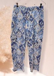 D&Co beach blue tan tribal cargo boho Capri pants sz SP