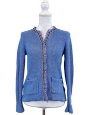 J. McLaughlin Sweater Medium Womens Blue Knit Fringe Trim Cardigan Jacket