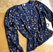 nine britton Floral, Faux Wrap, Scalloped V-Neck Blouse, Navy, Size S