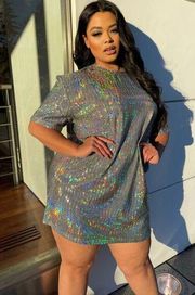 Fashion Nova  Making Memories T Shirt Dress Hologram XL Silver Iridescent Disco