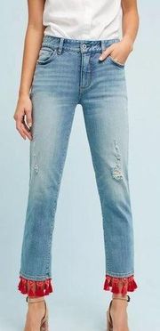 Anthropologie Pilcro Womens Tassel Beaded Hem Mid Rise Boyfriend Jeans Size 27