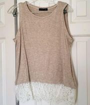 Kim & Cami lace bottom tank top, Size M, heathered tan with cream lace