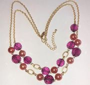 NY Brand Soft Satin Gold Tone & Pink Magenta Clear Beaded Double Strand Necklace