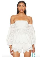 MISA Los Angeles Sera Off The Shoulder Scalloped Eyelet Top White Womens Size M