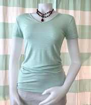 Light Pastel mint Green white striped stretch Knit short sleeve tee