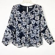 Luna Project Black & White Floral Long Sleeve Pintucked Blouse Size M