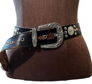 WESTERN Leather Belt black brown floral Embossed silver medallions Size Small