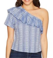 Blue Floral Striped Chambray One Shoulder Ruffle Neckline Blouse