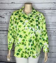 Susan Graver Size 22W Green & White Floral Print Button Down Shirt Top