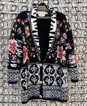 Vintage 90s tunic cowl neck cardigan sweater embroidered floral fair isle detail