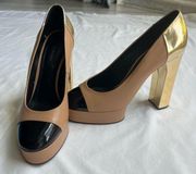 Casadei gold chunky high heel platform pumps size 40 nude black gold