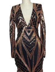 Banjul Dance The Night Away Sequin Long Sleeve Mini Dress Black Gold Size Large