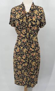 Vintage Cynthia Rowley Shirt Dress Tie Neck Floral Patterned Black Womens Medium