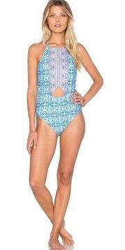 EUC Nanette Lepore Seaside Halter Cut Out One Piece Swimsuit Blue & White Small