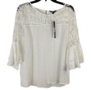NEW White Boho Crinkle Gauzy and Floral Lace Ruffle Bell Sleeve Top Size Large