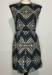 Alice + Olivia Womens Small Abstract A-Line Dress Navy Tan Rayon EUC