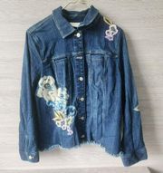 Chico's Women Blue Long Sleeve Floral Embroidered Embellished Denim Jacket 2 / L