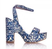 Tabitha Simmons Calla Blue & Ecru Floral Printed Leather Platform Heels Sandals