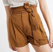 Madewell NWT  Paperbag Linen-Blend Shorts in Brown, Belted High Rise, Size 0