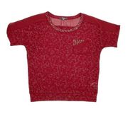 Miss Me Red Lace Knit Sequin Trim Foldover Pocket Short Sleeve Tee Size Medium