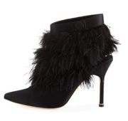 Manolo Blahnik Black Oterala Satin & Feather Pointed Booties Size 39.5