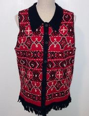 Susan Bristol 100% Wool Hand Embroidered Fringe Button Down Vest Large L