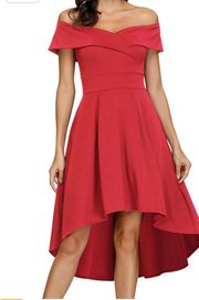 Red Off Shoulder High Low A Line Wedding Guest Party Cocktail Dress