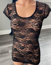 Black Lace Shirt Size S Short Sleeve Scoop Neck R2