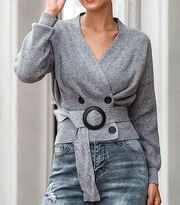 Vutti Gray Cinch Waist Surplice Cardigan Sweater