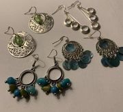 Lot Of 4 Costume Earrings Pierced Dangle - Some Bead - Green, Blue, Silver Tone