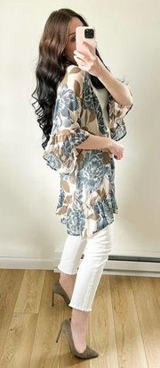 Anthropologie E by Eloise Blue Cream Floral Ruffle Trim Sheer Kimono Robe XS S