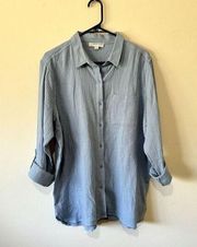 Anne Klein Womens Top Size L Button Up Blue Crinkle Lagenlook Boho Gauzy Collar