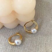 18K Gold Plated White Pearl Hoop Earrings for Women, Pearl Earrings