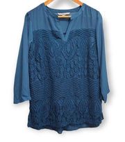 Valerie Stevens Green Lace Detailed V-Neck Blouse Size Large