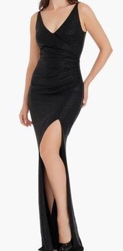 NWOT Dress the Population Gown Jordan Shimmer Knit Gown black v neck slit sz L