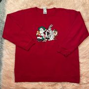 Vintage Warner Bros Studio Looney Tunes Embroidered Sweatshirt Red Sz Large VTG