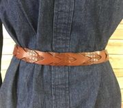 Fossil leather woven turnback belt brown tan stamped WOMENS SIZE LARGE