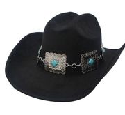 NEW! BLACK SUEDE WESTERN COWGIRL HAT WITH SILVER AND TURQUOISE DETAIL AROUND