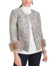 Chico’s Convertible Faux-Fur Cuff Jacquard Jacket in Taupe/Blue