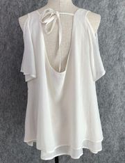 Miss Me Blouse Womens Large Open Shoulder Short Sleeve Beaded Ivory Chiffon