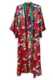 FREDERICKS OF HOLLYWOOD Maxi Kimono Robe Geometric Floral Satin Pockets Belted S