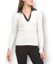 Laundry by Shelli Segal Faux Leather Trim Ribbed Knit Top VNeck Off White M