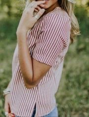 Boxy White and Pink Striped Short Sleeve Linen Top