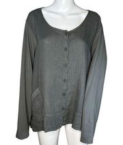 Flax Shirt Womens Large Gray Button Front Tunic Top Linen Lagenlook Minimalist