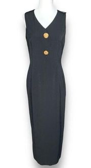 Vintage Evan Picone Dress Black Waistcoat Sleeveless Gold Statement Button Maxi